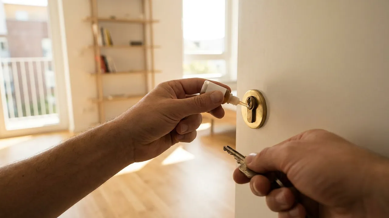 Application de lubrifiant sec dans le cylindre d'une porte de pavillon à Savigny-sur-Orge