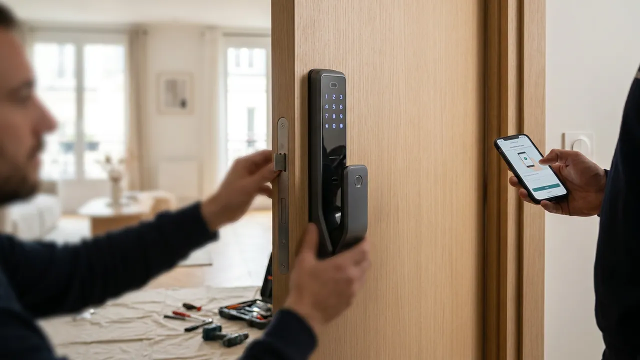 Serrure connectée avec clavier à code posée sur une porte d'entrée de maison à Savigny-sur-Orge